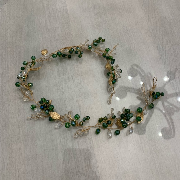 Gold Green and Crystal Hair Vine for Bridal Wedding Cosplay Renaissance Faire - Picture 3 of 5